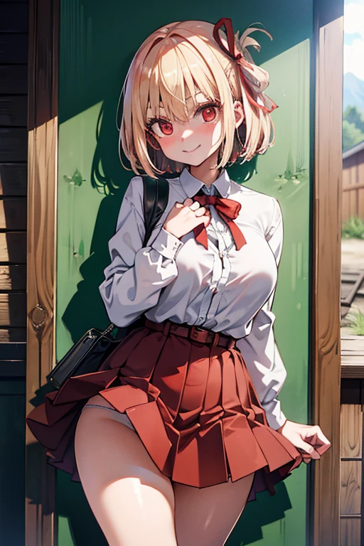 skirt lift by myself, ((showing panties)),　panty shot, up skirt,
Roadside in the countryside,In the mountains,Unpopular place,Rusty bus stop,Shade,Fresh morning air,Soft sunlight,I can see the mountains,cumulonimbus,

((Highest quality)), ((masterpiece)),(detailed),High resolution,Sharp focus,Perfect Face,{best illustration},(complete anatomy),
(非常にdetailed CG unity 8k wallpaper),(((Vibrant colors))),Official Art,((detailedなボディ)),(detailedな顔)),Perfect Fingers,
cute,erotic,Bold,very shiny 肌,Shiny body,plastic glitter 肌,exaggerated shiny 肌,illuminated 肌,
Big Breasts,glamorous,Tight waist,Long legs,curve,Cleavage,Bold,Revealing clothing,show 肌,
(Complex eyes,Beautiful fine details,Symmetrical eyes,Big eyes:1.5,Seductive eyes,  Natural skin texture, Realistic facial details),
(Nishikigi Sensoku),short hair,bangs,Blonde,(Red Eye:1.5),ヘアribbon,One Side Up,Bobcut,
White underwear, (pubic hair),
embarrassed,  seductive smile,
shirt,Long sleeve,ribbon,白shirt,襟付きshirt,belt,
ネックribbon,Red dress,青いribbon,Pleated dress,Grey Dress,Two-tone dress,赤いbelt,Licorice Uniform,