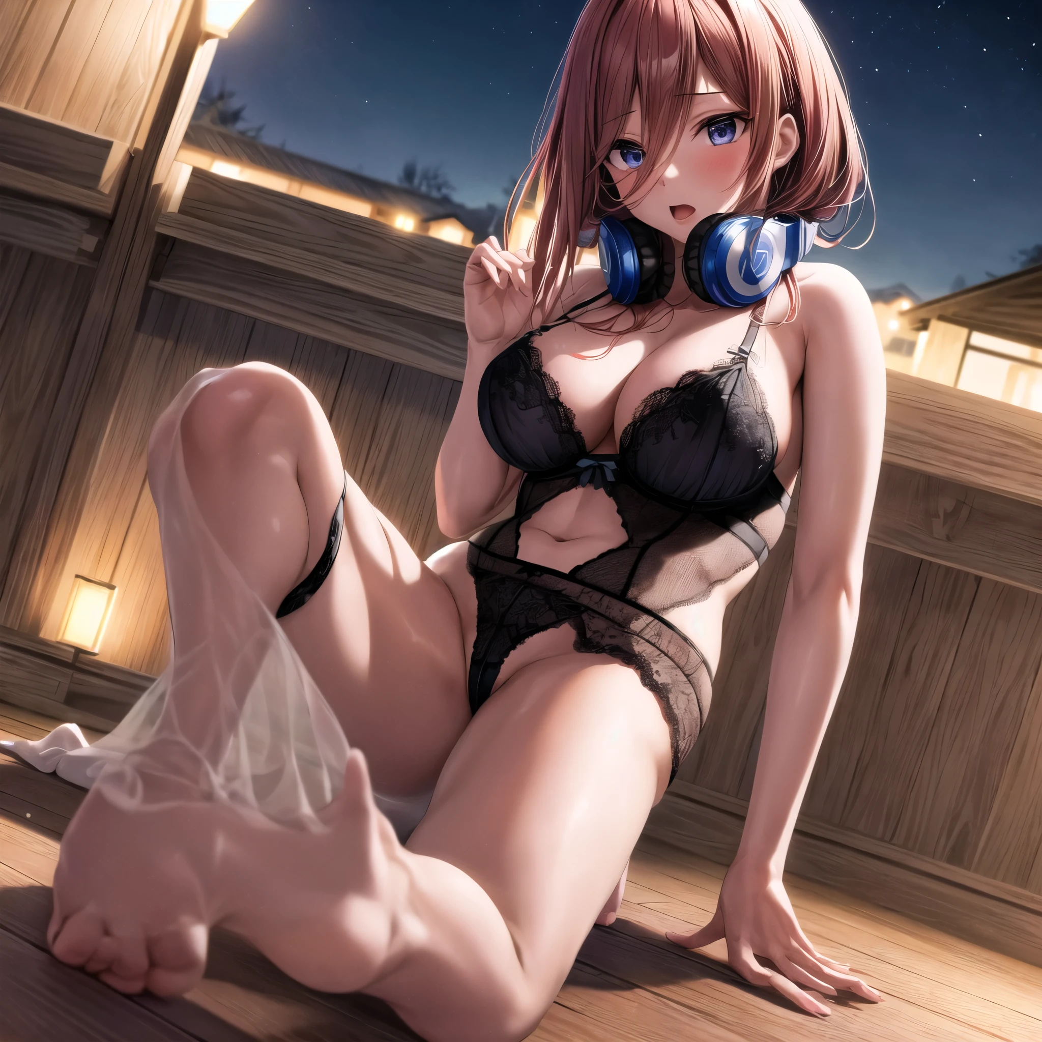 masterpiece, Highest quality, High resolution, 1girl,nm1, Headphones around the neck, 
,Large Breasts, , ((on all fours)) ,open mouth,tonge,red face,tear,glare at viewer,view to back,((night park,outdoor)),((blue see-through lingerie,garter belt,Tback)),yellow paddle
Anatomically correct, accurate, Very detailed, High detail, Ultra high definition, Textured skin, 