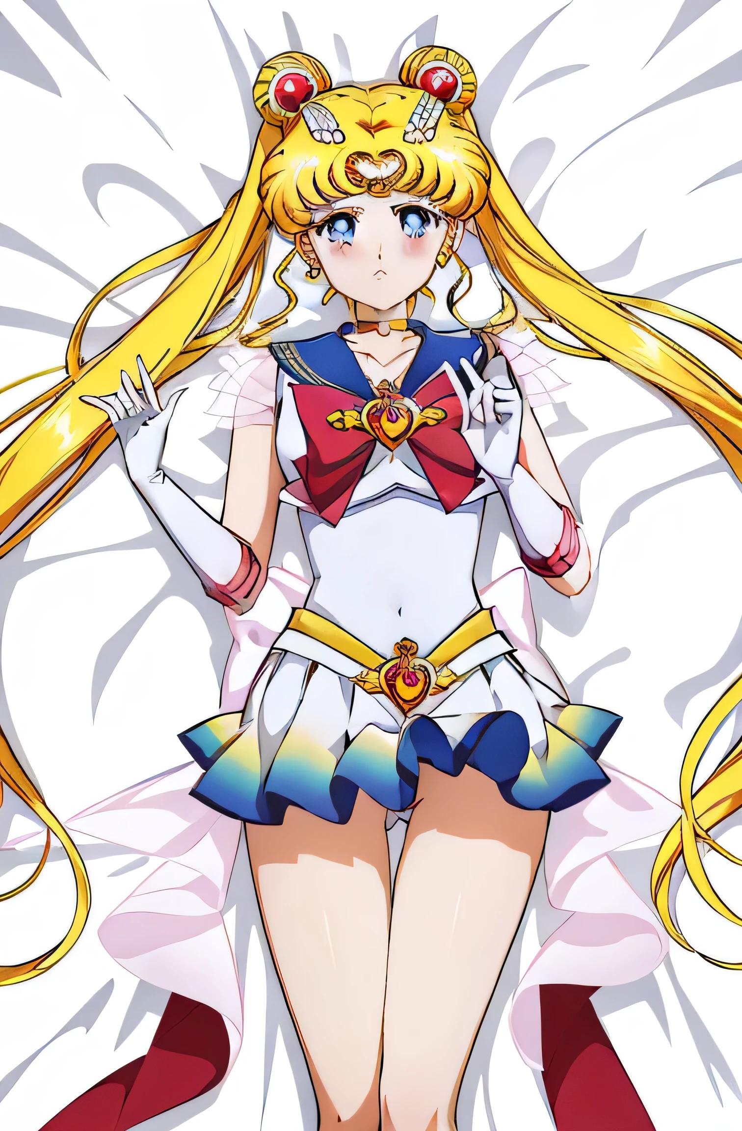 masterpiece, top quality, (one person), supersailor moon, detailed face, happy, face focus, cowboy shot, white wall, on the bed, bright room, about to have sex, embarrassed face, white gloves, detailed eyes , detailed face, hotel room, detailed background, multicolored clothing, sailor senshi uniform, colorful skirt, hair ornament, red bow, brooch, heart brooch, earrings, crescent moon, heart choker, heart, miniskirt, very long hair, backbow, crescent earrings, tiara, yellow choker, boots, knee boots, red footwear, white panties, panties showing, flip-up skirt, ruffled panties, crotchless, R18, legs open, bed sleep on,