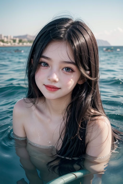 straight angle, big black eyes, smile, pretty and cute girl, pale white skin, rosy cheeks, very long messy black hair, look innocent and beautiful, red lips, half body in sea water, hair in water, shirt, dead sea Israel background