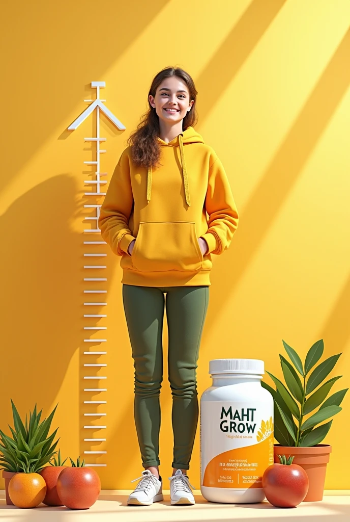 Create a Attractive colour height increasing supplement mockup which is showing increasing of someone height in the mockup and the name of product is MAHT GROW and its is safe and natural