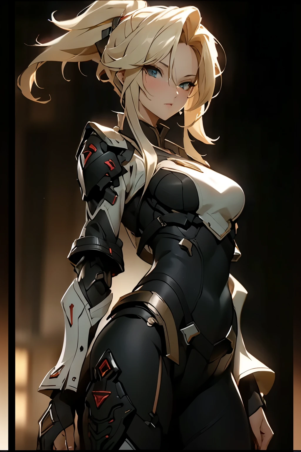 ((best quality)), ((Masterpiece)), (details:1.4), 3d, HDR (high dynamic range), amature woman, Blonde hair, SLEEK Style, High Ponytail, ดวงตาสีทอง, hips up จมูกโด่ง, ปากแดง, หน้าอกใหญ่, nvidia RTX, PBR surface, After processing, Anisotropic filtration,depth of field, Maximum clarity and clarity, multi-layered surface, Subsurface scattering, perfect proportions, 8K raw files, ความละเอียดสุดยอด, Unreal 5, Perfect proportions, Octane Render, Wide aperture, Low ISO, Holy Warrior, Heavy Black armor, jewely, ต่างหู