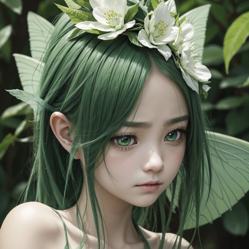 Depressed expression、Expression of despair、“Create an extreme close-up portrait of a Leaf Fairy. The fairy should have vibrant green hair, delicate leaf or flower-like wings, and a serene expression. The background should be heavily blurred to emphasize the fairy’s face, with soft, nature-inspired colors.”