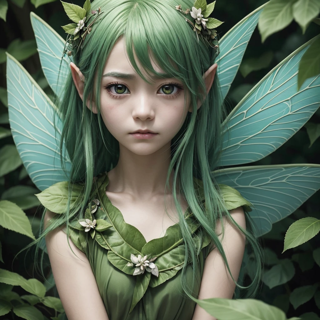 Depressed expression、Expression of despair、“Create an extreme close-up portrait of a Leaf Fairy. The fairy should have vibrant green hair, delicate leaf or flower-like wings, and a serene expression. The background should be heavily blurred to emphasize the fairy’s face, with soft, nature-inspired colors.”