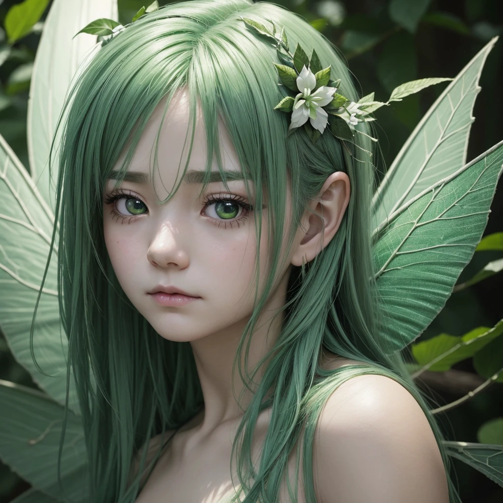 Depressed expression、Expression of despair、“Create an extreme close-up portrait of a Leaf Fairy. The fairy should have vibrant green hair, delicate leaf or flower-like wings, and a serene expression. The background should be heavily blurred to emphasize the fairy’s face, with soft, nature-inspired colors.”