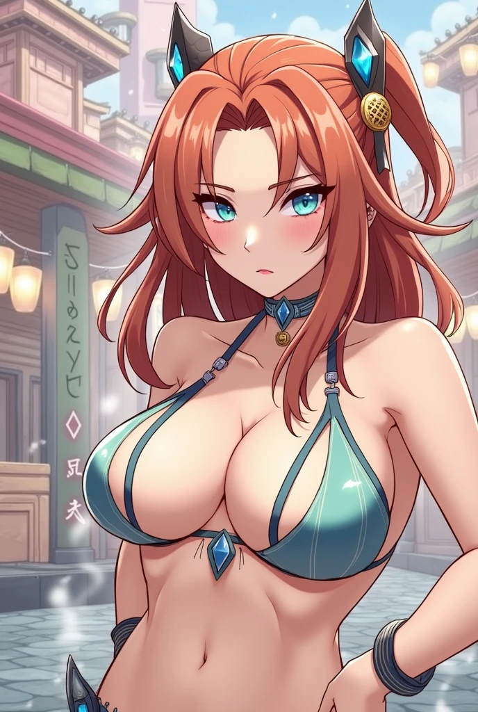 In the city,genshi impact, sauna bikini,hot,confrontation,big boobies,Caucasian skin,blue colored eyes,russet hair,