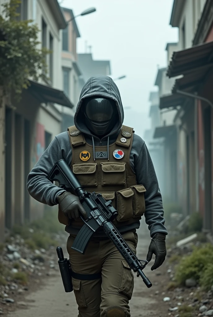 Saya berjalan di kota abandoned dan membawa m4a1, Hoodie abu-abu, rompi anti peluru dan helm anti peluru 