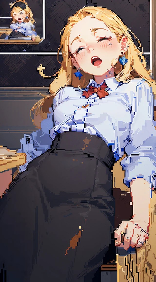 (((pixel art, stylized game character, fewer wrinkles, simplified contours))), (a woman masturbating on the vertical edge of the table), slut, (blush), open mouth, ((drooping eyes, blush)), ((sleepy)), (angle from right back below), clerk uniform, skirt, panties, tiny earrings,