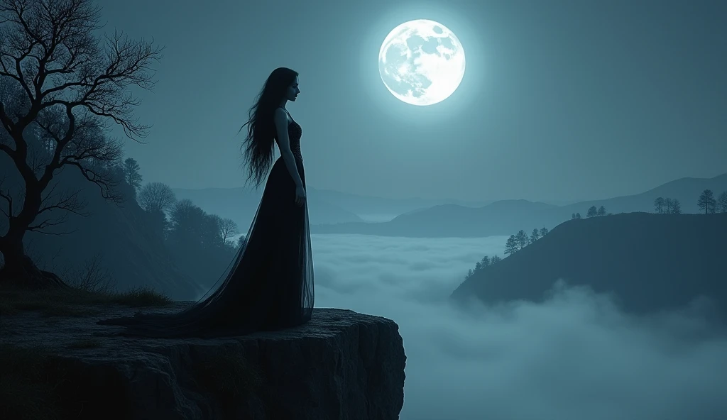 Vampire Temptress Under the Moon: A beautiful and deadly vampire temptress standing atop a cliff, overlooking a moonlit valley. Her long, dark hair flows in the wind, and her elegant yet revealing gown clings to her body. She looks directly at the viewer, her eyes filled with a mix of love and hunger, as the full moon bathes her in an ethereal light.