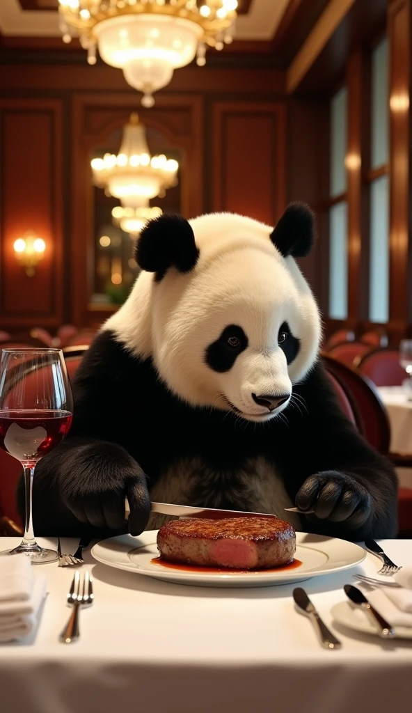 一只reality的大熊猫在西式餐厅吃牛排，Fine Dining，wine，，photography，reality，high quality，reality感，Realistic style，Fine details，real world，