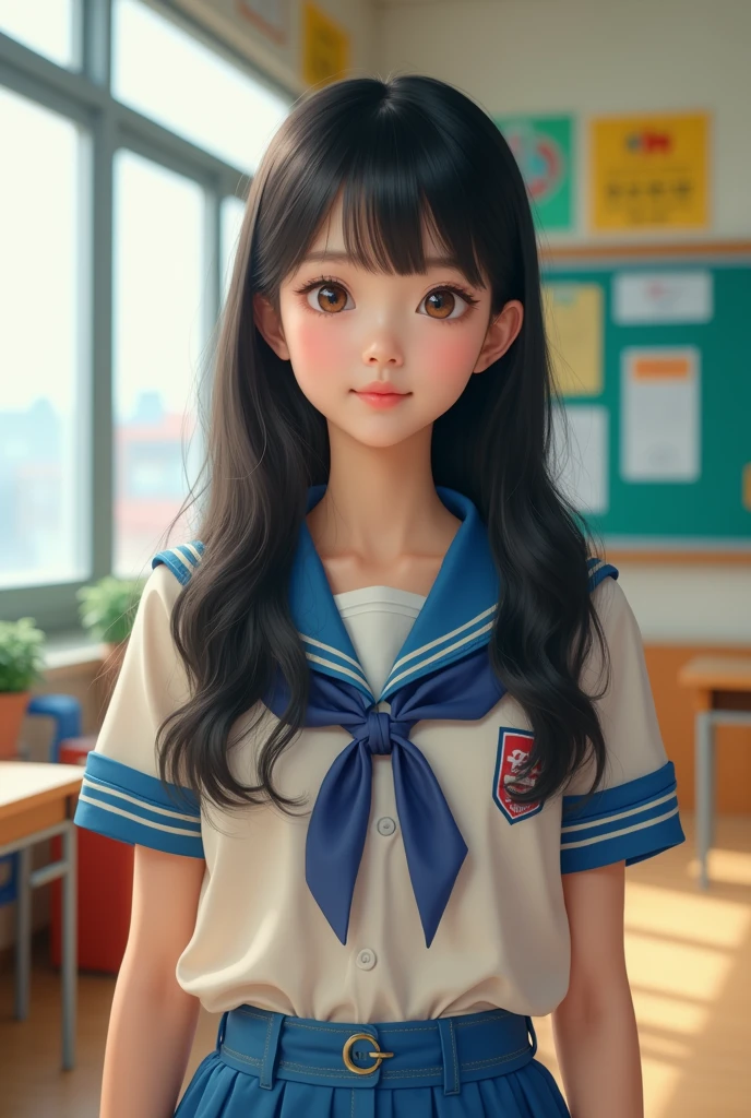 (masterpiece,Highest quality:1.4),(8k,RAW Photos,Photorealistic:1.4),Ultra-high resolution, ,(Glowing Skin:1.4),Detailed skin,Detailed face,Detailed eyes,(Beautiful and shining eyes:1.2),Symmetrical eyes,Detailed ears,One person,Natural Makeup,high school girls,(((Japanese Idols))),(Japanese Face),Detailed Background,Vivid background,Beautiful and shiny hair,18-year-old,((Average age breasts)),,(Detailed Summer school uniforms for senior high school girls Japan),,((Sharp Face)),Natural light,,(Very detailed ,Trend design for 2024,online shopping,LUMINE® Market,),Trendy hairstyles,black_hair,long_hair,Upper Body,Instagram Style,(Detailed classroom of a girls' high school,,Location was great.),,Realistic high school girl