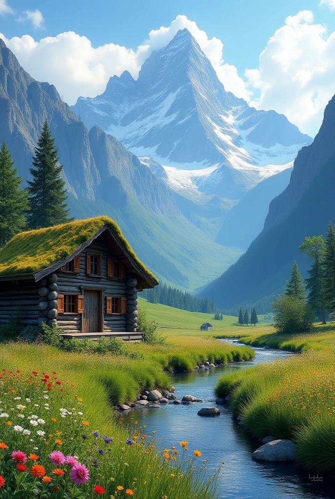 Landscape between mountains and a small wooden house
