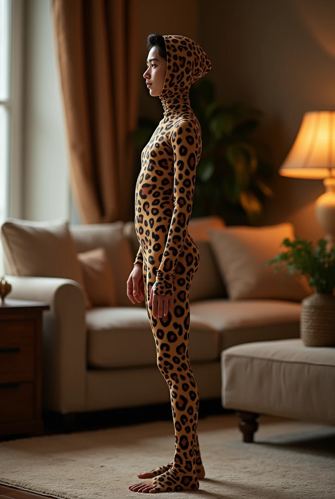 A most beautiful and thin chinese contortion boy wearing a glasses wears ocelot Lycra footed turtleneck unitard catsuit covered with seamless black striped ocelot paterns with a leopard tail.She always wear Lycra dancewear hijab-like zentai hood.She has beautiful cheeks on her face.She is take part for contortion performance.She performs contortion in the house.