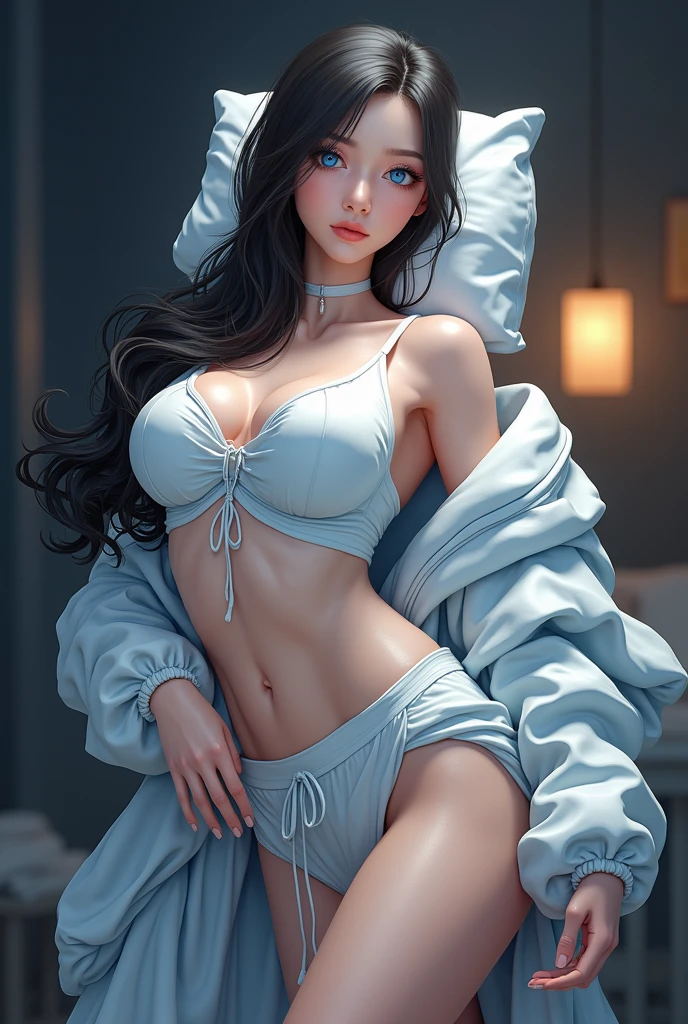 realistic, realism, photorealism, photorealistic, high contrast, (photorealistic:1.4), 8k high definition detailed realistic, (best quality, masterpiece:1.2), NSFW, photon mapping, radiosity, physics-based rendering, best quality, highly detailed, Plump body, Blue eyes, full body, look at viwer, semi-nude body, big , body fit, hourglass body, defined face, defined eyes, texture 4k, sleeping on the back, Spread the leg.