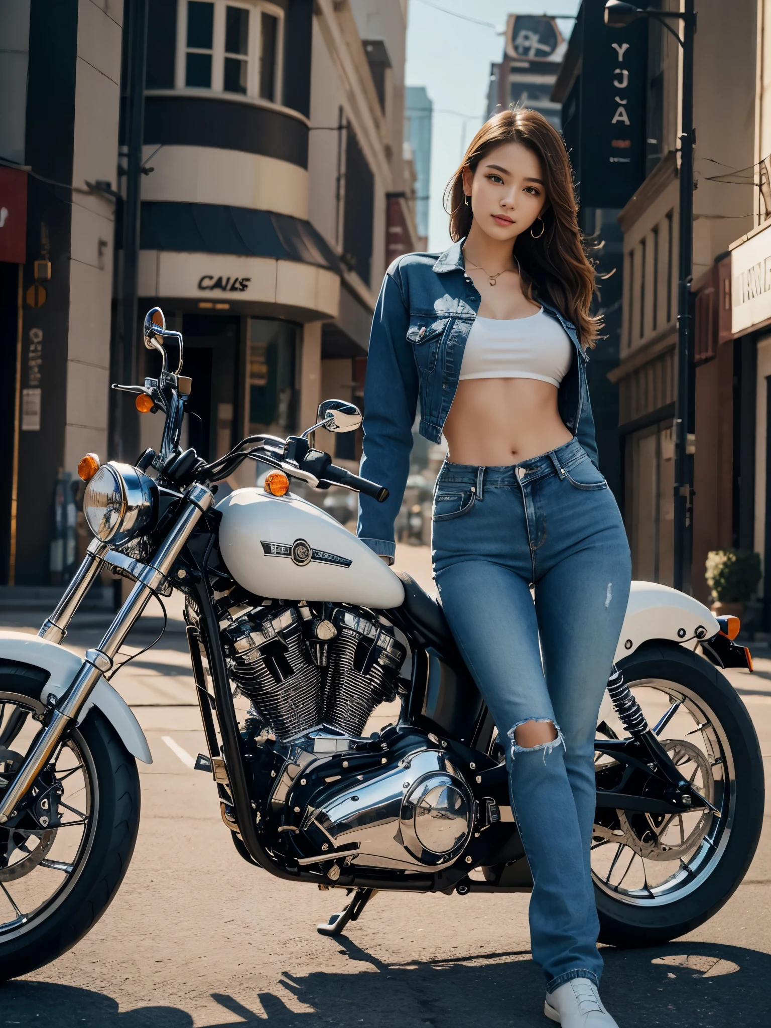 A beautiful girl on a motorcycle wearing denim pants
