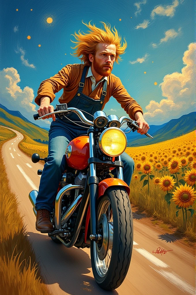 Vincent Van Gogh on a motorcycle