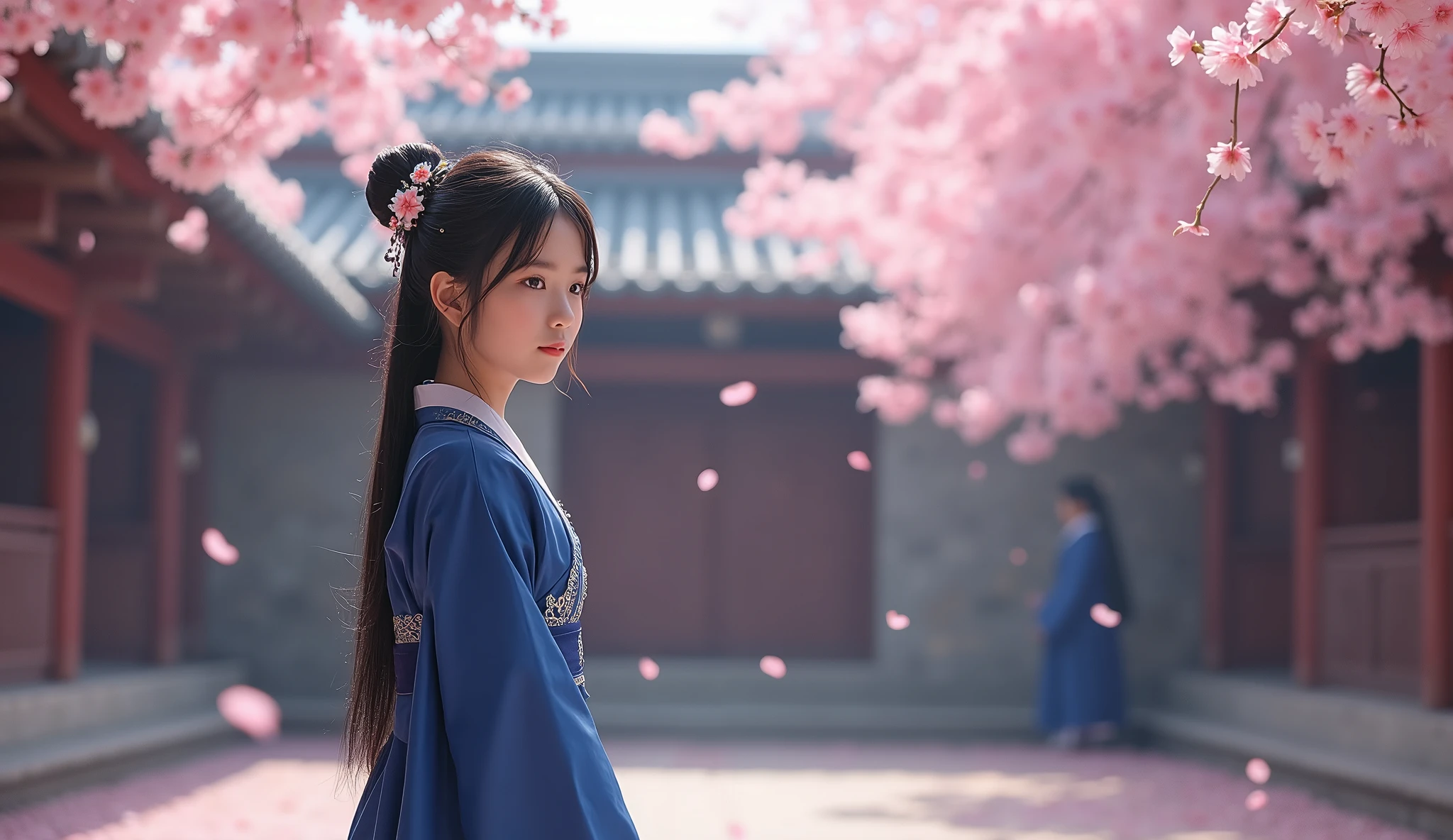 The scene opens in a tranquil courtyard filled with blooming cherry blossoms. The soft petals gently fall, creating a serene and peaceful atmosphere. The courtyard is surrounded by traditional stone walls, and in the center, there is an open space where young girl, Deep blue robe with silver embroidery, full body, neatly tied long black hair, small floral accessory, calm and focused expression, hyperrealism, 4k, HD,