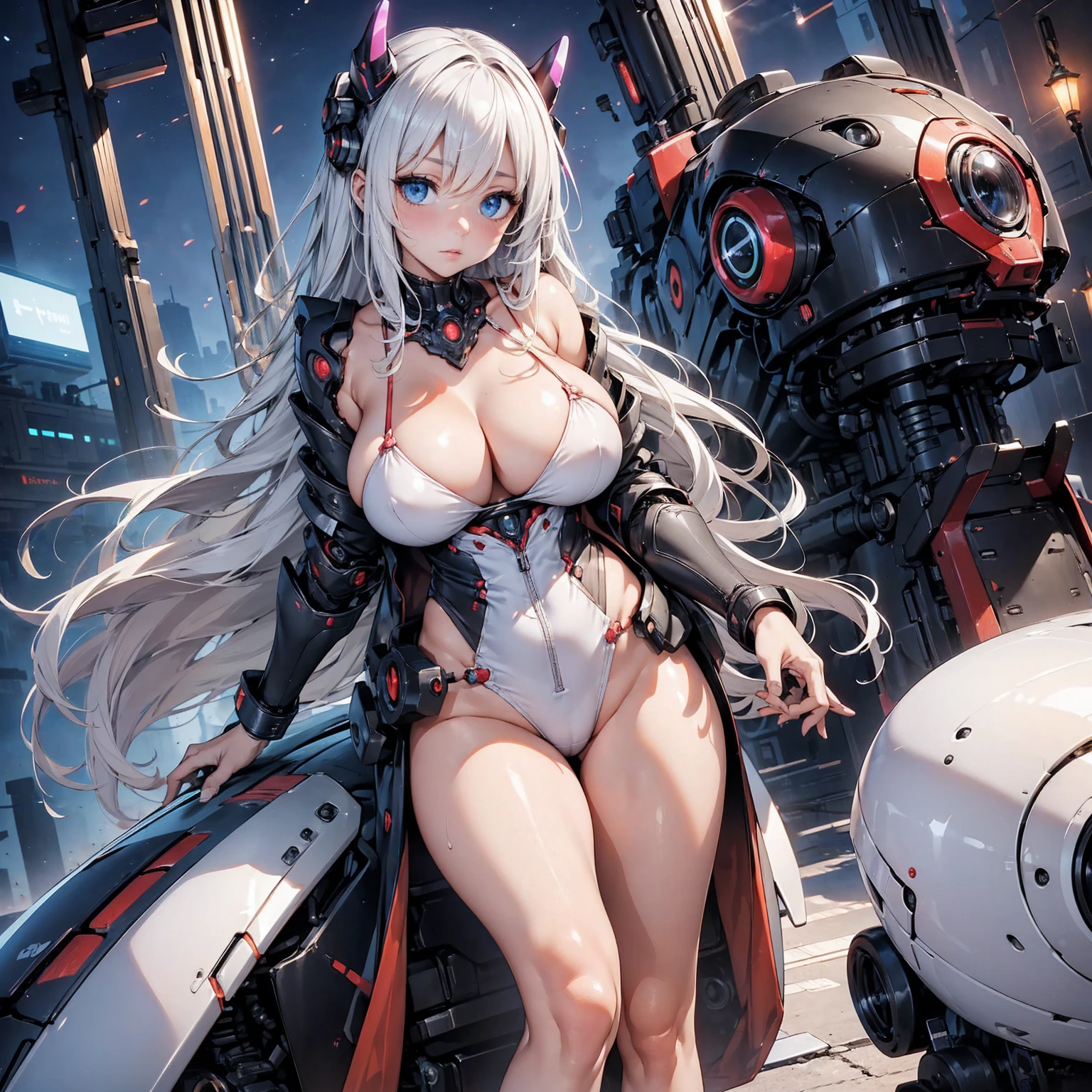 (Absurd Resolution:1.2), (ultra delicate:1.2), (masterpiece:1.2), (Photorealistic), (top-quality), BREAK (A demonic robot girl with glowing horns), super fine concept art, intricate details, BREAK (cute 1girl), (finely detailed eyes and finely detailed face:1.2), BREAK (ultra fine-blue-cute-eyes:1.3), (Expression ultra detailed glowing Pupil), (ultra detailed Expression eyelashes), (ultra delicate Long Straight Hair white hair, hairs between eyes), (beautiful Glossy lips), BREAK (slim body and gigantic breasts:1.3), narrow waist, leggy, curvy is body without muscles, (Shiny realistic pale skin texture:1.2), (sweaty skin:1.0), BREAK precise anatomy, (4 defined fingers), (1 defined t thumb), breathtaking expression, BREAK (intricate-Mechanical-Armor-dress, bare-Thighs:1.2), glowing energy Core, BREAK Seductive pose, (Crisp focus, eye focus:1.2), (full body shot, shoot from front, high angle shot), BREAK Large combat robots lined up behind, cinematic composition, vibrant colors,