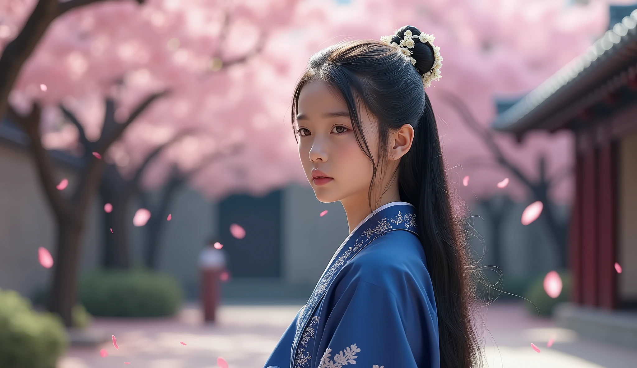 The scene opens in a tranquil courtyard filled with blooming cherry blossoms. The soft petals gently fall, creating a serene and peaceful atmosphere. The courtyard is surrounded by traditional stone walls, and in the center, there is an open space where young girl, Deep blue robe with silver embroidery, full body, neatly tied long black hair, small floral accessory, calm and focused expression, hyperrealism, 4k, HD,