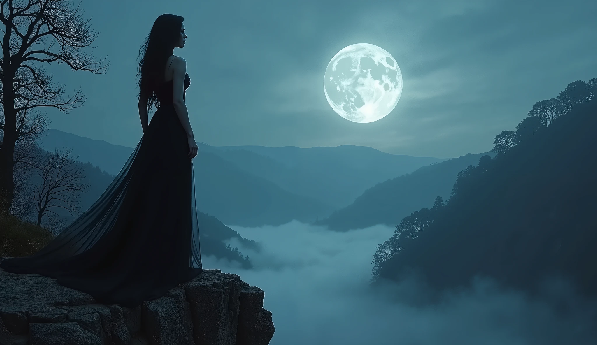 Vampire Temptress Under the Moon: A beautiful and deadly vampire temptress standing atop a cliff, overlooking a moonlit valley. Her long, dark hair flows in the wind, and her elegant yet revealing gown clings to her body. She looks directly at the viewer, her eyes filled with a mix of love and hunger, as the full moon bathes her in an ethereal light.