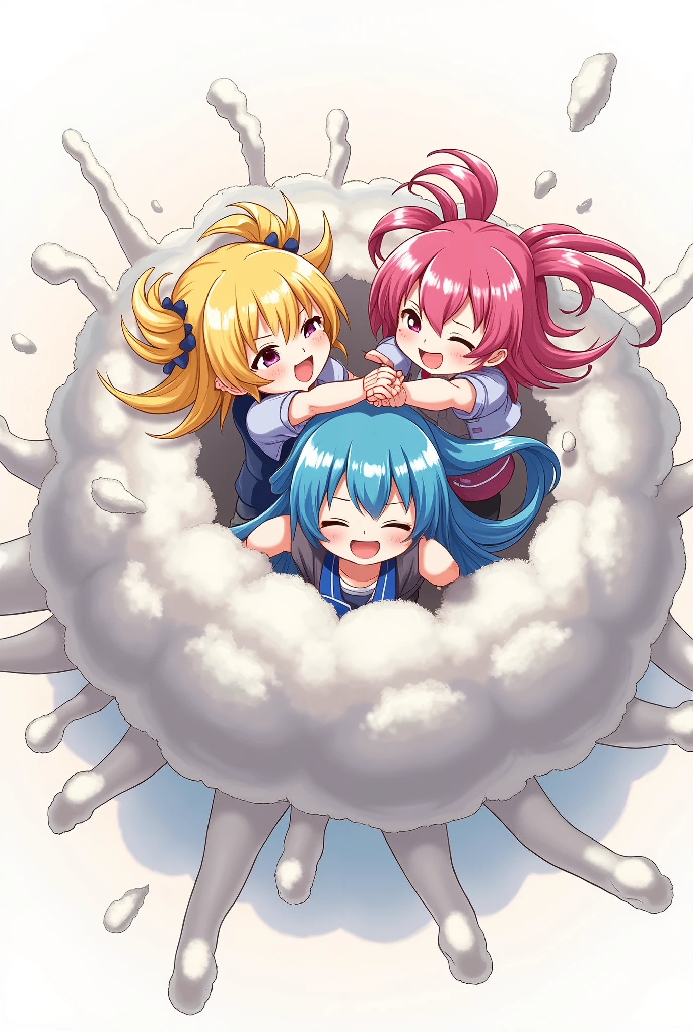 An anime-style illustration depicting three twin-tailed girls playfully wrestling with each other inside a light gray comical fight cloud (dust cloud).
each girl has different colored hair: one with blonde twin tailes,another with pink twin tailes,and one with blue twin tailes.
their faces,hands,and feet are visible emerging from the cloud as they tussle humorously, with the rest of their bodies completely hidden inside the cloud.
the illustration emphasizes the humorous and energetic nature of their scuffle,with a fluffy andexaggerated fight cloud.