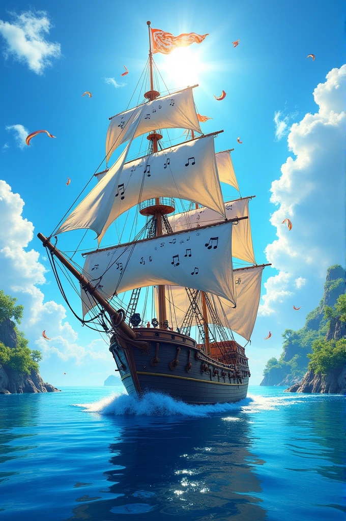 a blue pirate ship with musical notes。A refreshing impression
