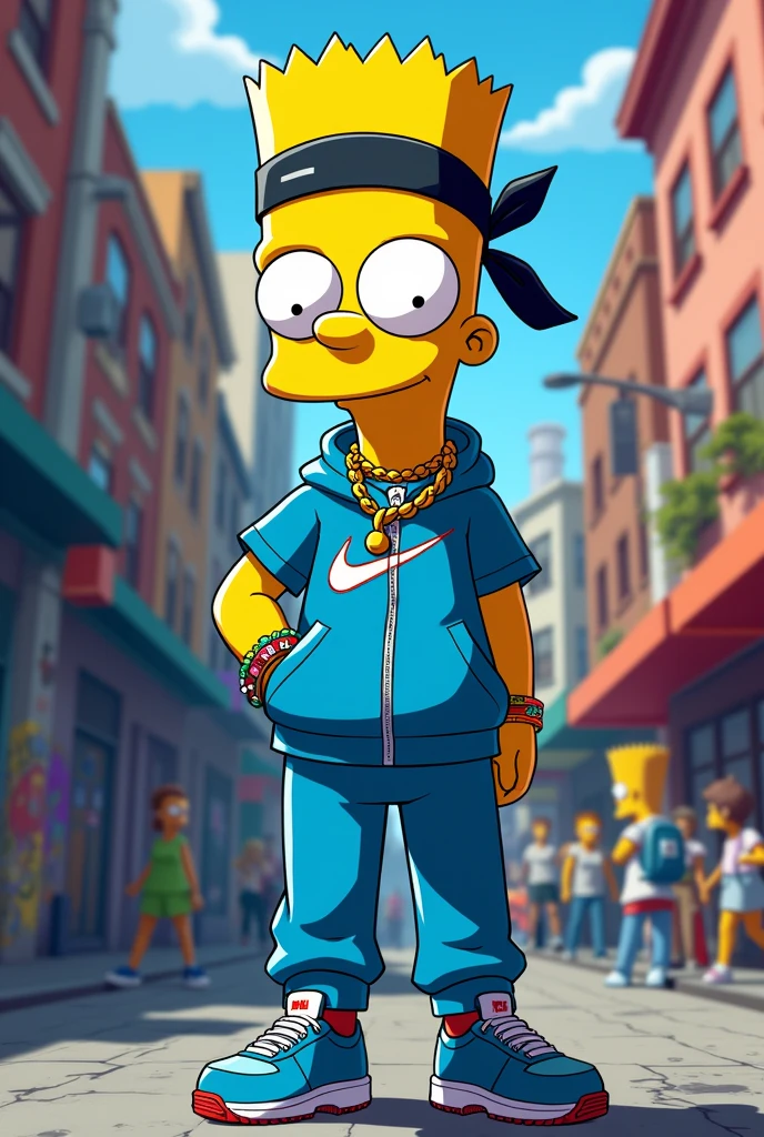Describe the character (Bart Simpson) and his appearance (wearing a Nike tracksuit, bandana, and jewelry).ratio 9:16