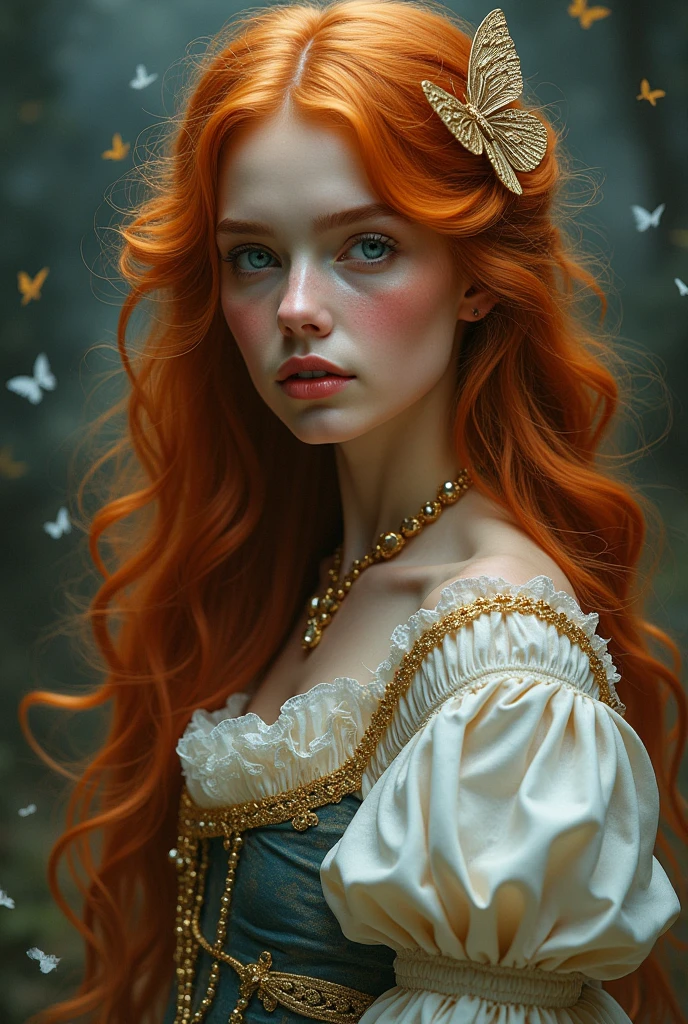 (solo, full body photo:1.3), (action packed:1.3), (haze, fog, mist:1.3), chiaroscuro, best quality, photorealistic, 1woman, (cute), (24yo:1.2), redhead, long ginger hair highly detailed, 1700'S, digital photography, art by artgerm and ruan jia and greg rutkowski surreal painting gold butterfly filigree, broken glass, (masterpiece, sidelighting, finely detailed Fashionable eyes: 1.2) (perfect oval large eyes that gazes at the viewer), beautiful detailed face, blue gorgeous perfect eyes, (blonde hair ponytail), (attractive young woman:1.3), (thick amazing hair), (seductive:1.1), (blushing:1.1)