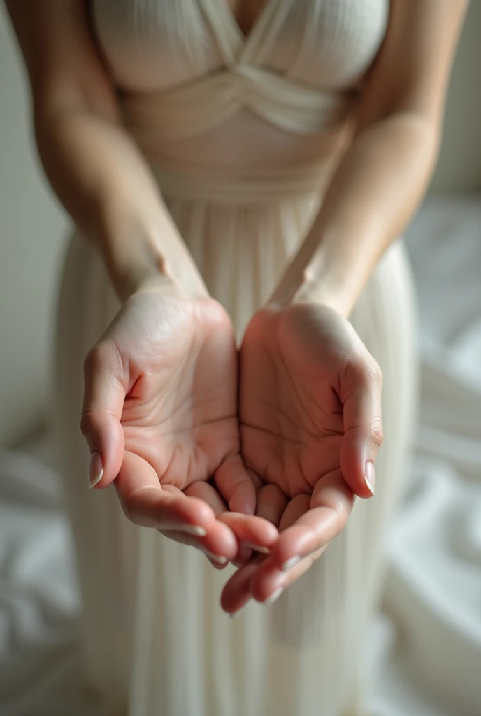 Generate a close-up image of two hands positioned in front of the viewer. beautiful young Japanese woman wearing only underwear. The right hand should be extended forward with the fingers curled to form a vertical tube by fingers itself. The left hand should be placed on top of the right hand, gently covering right hand. Ensure that the fingers of both hands are detailed, with attention to the textures and contours of the skin. The background should be neutral or softly blurred to keep the focus on the hands and the interaction between them.