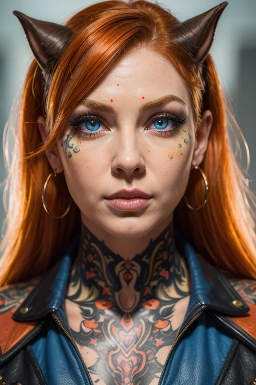 (((masterpiece))), (((Best quality: 1.4))), ((super detail: 1.4)) , hyper detailed gouache painting of a female tiefling, Gorgeous exotic features, Amber neon eyes:1.5,  orange hair, Hyper-detailed facial features, Expressive Face, detailed textures, blue skin tone, tattoos, natural leather shader, volume, warm tones under her skin, ultra high resolution