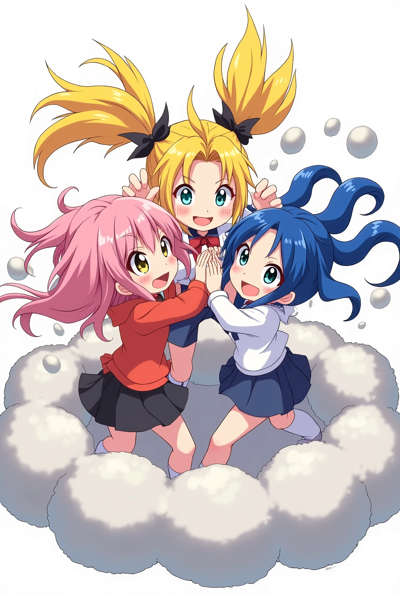 An anime-style illustration depicting three twin-tailed girls playfully wrestling with each other inside a light gray comical fight cloud (dust cloud).
each girl has different  colored hair: one with blonde twin tailes,another  with pink twin tailes,and one with blue twin tailes.
their faces,hands,and feet are visible emerging from the cloud as they tussle humorously,  with the rest of their bodies completely hidden inside the cloud.
the illustration emphasizes the humorous and energetic nature of their scuffle,with a fluffy  andexaggerated fight cloud.