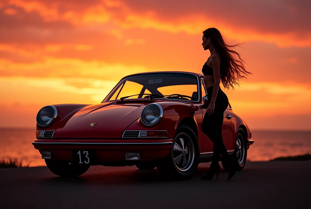 (masterpiece, best quality:1.2), silhouette, Silhouette of a woman and a car against the backdrop of a coastal sunset, The car is a main part of the composition., She is standing right next to the car, looking at the big sunset, her long hair blowing in the wind, the car is Porsche 911, The silhouette of the car stands out, hyper Realistic, Professional photography, Cinema Lighting, Car Photography