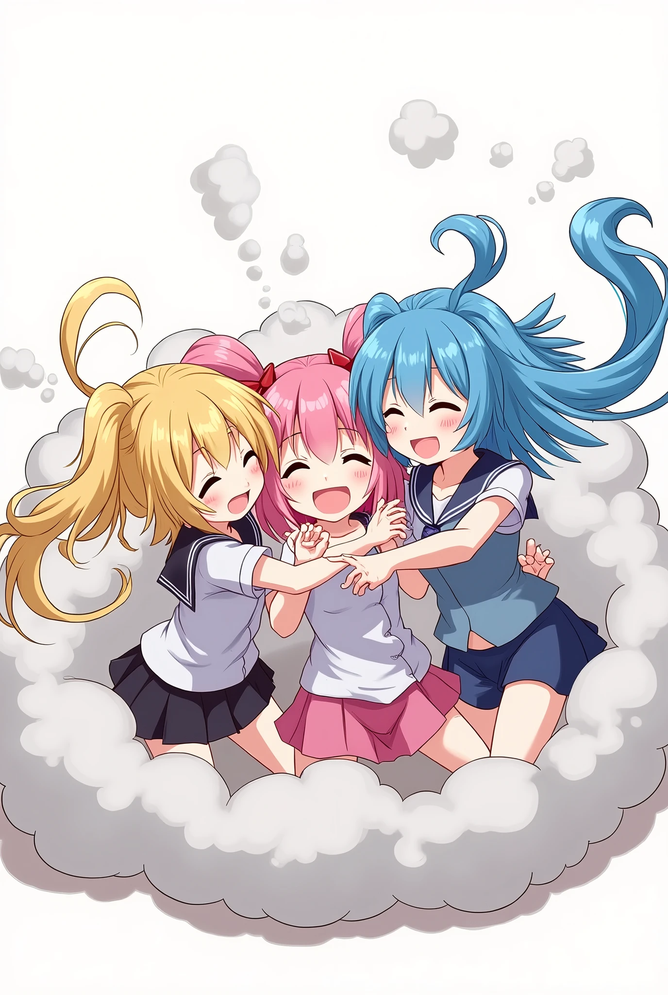 An anime-style illustration depicting three twin-tailed girls playfully wrestling with each other inside a light gray comical fight cloud (dust cloud).
each girl has different colored hair: one with blonde twin tailes,another with pink twin tailes,and one with blue twin tailes.
their faces,hands,and feet are visible emerging from the cloud as they tussle humorously, with the rest of their bodies completely hidden inside the cloud.
the illustration emphasizes the humorous and energetic nature of their scuffle,with a fluffy andexaggerated fight cloud.