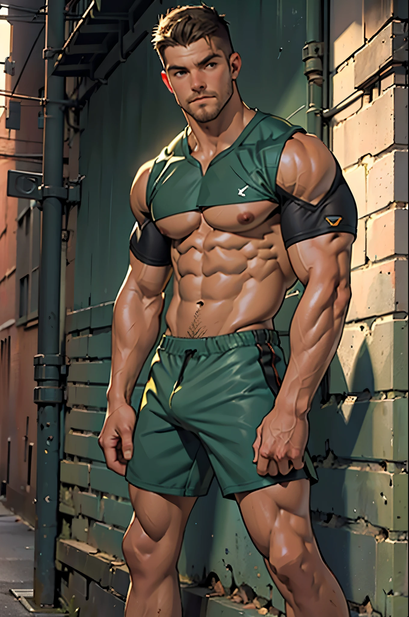8k, high quality , detailed face , detailed hands , detailed muscles , stephen amell standing near his motorcycle, posing in a street ,standing with spread legs, showing his muscles, shirtless wearing a very very low dark green shorts, background brick wall with men health posters (prostate, boners , skin , muscles,......)