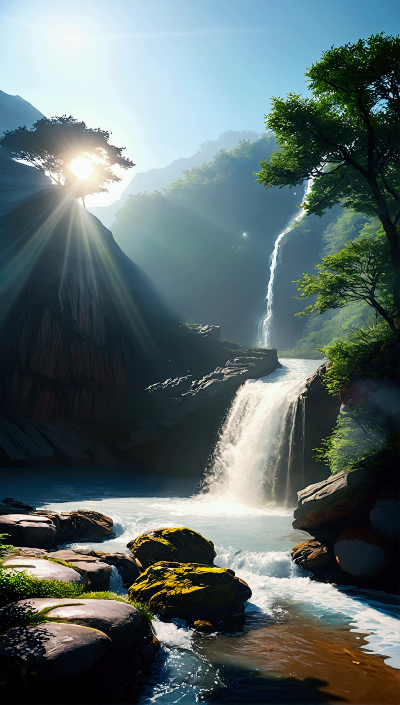 Misty，Sunlight shines with Tyndall effect，Forest mountain cliff waterfall，Clarity，很Clarity，Maximum resolution，masterpiece，Camera shooting