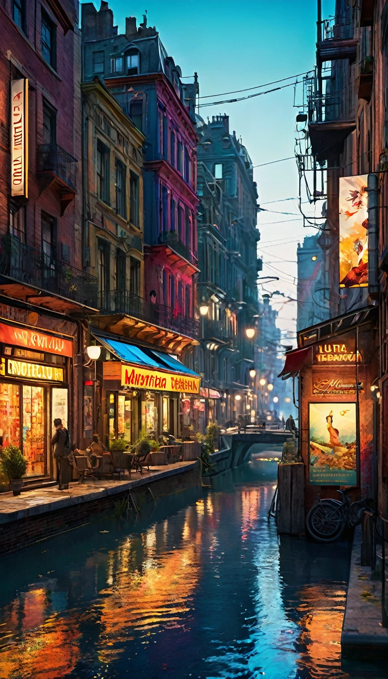 a futuristic city with advertising panels, canals in the streets, rust, inspired by the art of Bill Sienkiewicz and Dave McKean, detailed cityscape, cinematic lighting, vibrant colors, dynamic composition, photorealistic, 8k, (best quality,4k,8k,highres,masterpiece:1.2),ultra-detailed,(realistic,photorealistic,photo-realistic:1.37),HDR,UHD,studio lighting,ultra-fine painting,sharp focus,physically-based rendering,extreme detail description,professional,vivid colors,bokeh