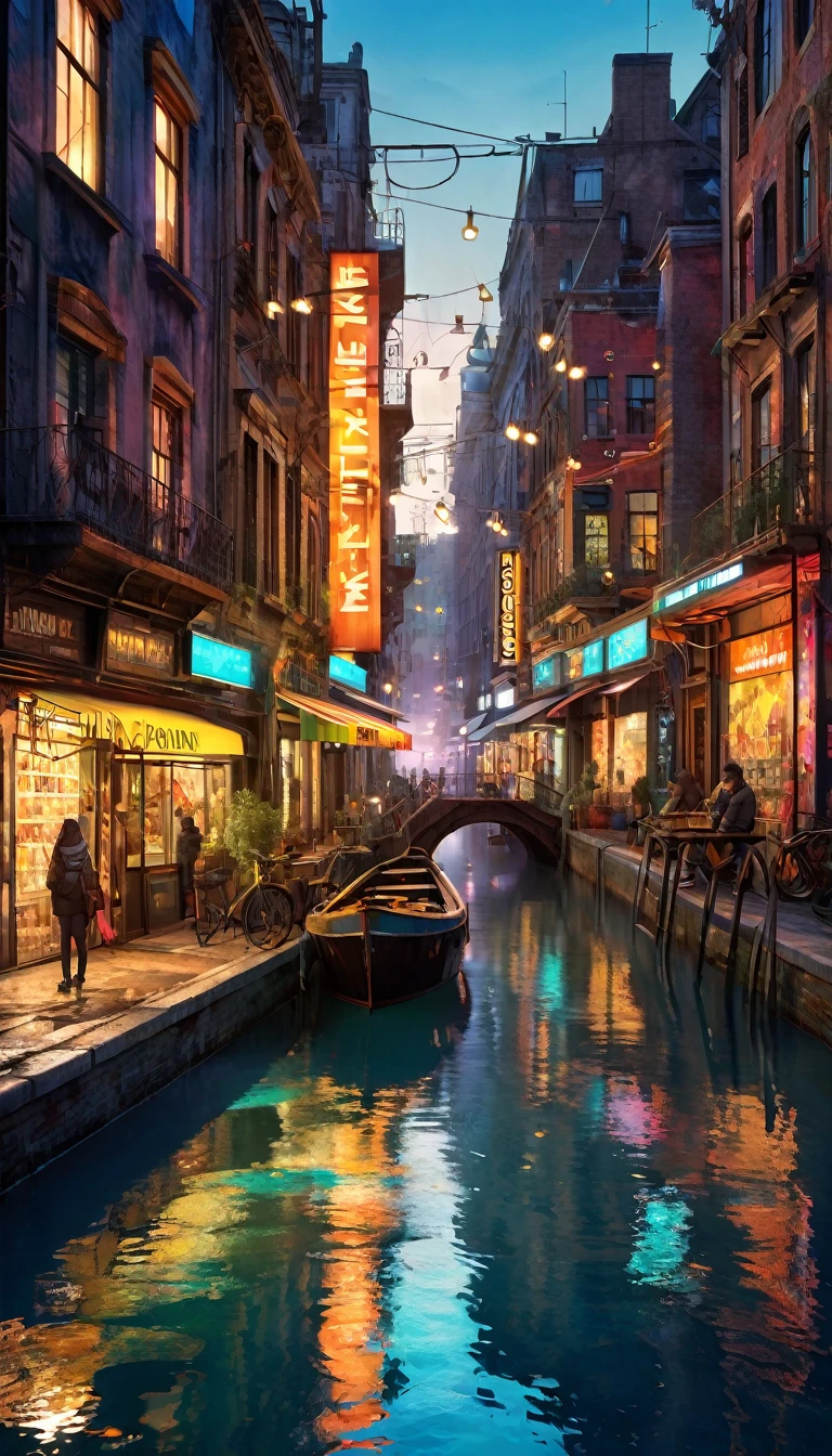 a futuristic city with advertising panels, canals in the streets, rust, inspired by the art of Bill Sienkiewicz and Dave McKean, detailed cityscape, cinematic lighting, vibrant colors, dynamic composition, photorealistic, 8k, (best quality,4k,8k,highres,masterpiece:1.2),ultra-detailed,(realistic,photorealistic,photo-realistic:1.37),HDR,UHD,studio lighting,ultra-fine painting,sharp focus,physically-based rendering,extreme detail description,professional,vivid colors,bokeh