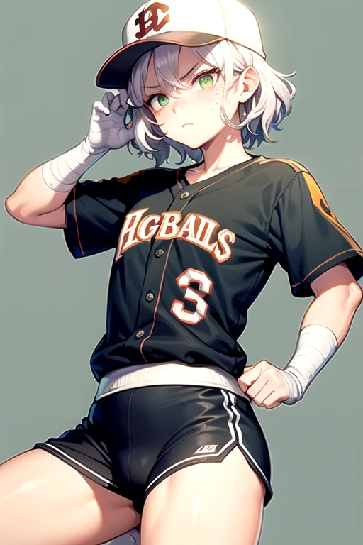 A girl,short, wavy white hair,light skin color and athletic clothing similar to baseball clothing but without the cap,that he has bandages on his face. Green eyes and freckles with a serious or angry expression