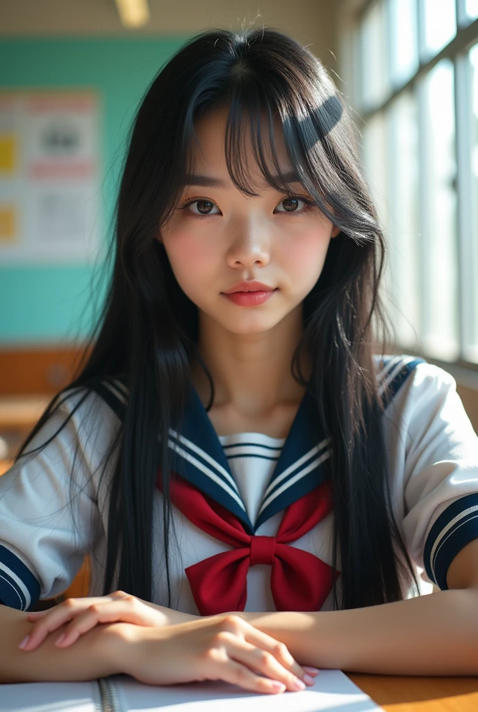 (masterpiece,Highest quality:1.4),(8k,RAW Photos,Photorealistic:1.4),Ultra-high resolution, ,(Glowing Skin:1.4),Detailed skin,Detailed face,Detailed eyes,(Beautiful and shining eyes:1.2),Symmetrical eyes,Detailed ears,One person,Natural Makeup,high school girls,(((Japanese Idols))),(Japanese Face),Detailed Background,Vivid background,Beautiful and shiny hair,18-year-old,((Average teenage breasts)),,(Detailed Summer school uniforms for senior high school girls Japan),,((Sharp Face)),Natural light,,(Very detailed ,Trend design for 2024,online shopping,LUMINE® Market,),Trendy hairstyles,black_hair,long_hair,Upper Body,Instagram Style,(Detailed classroom of a girls' high school,,Location was great.),,Realistic high school girl