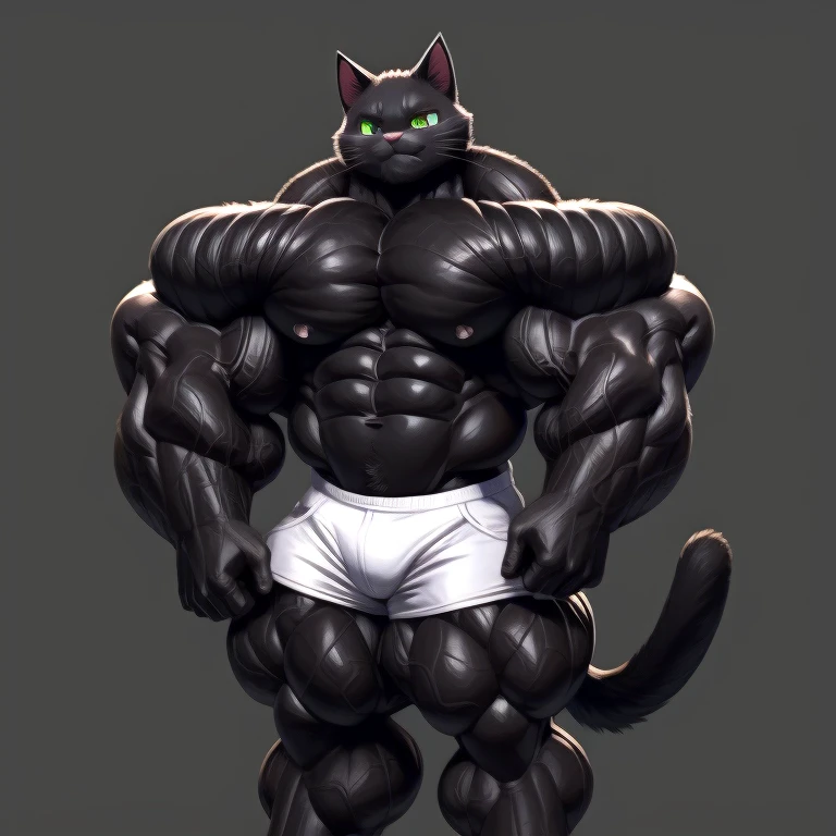 Furry, Big Muscles, Muscular, Hyper Muscles, a cat, cute black cat, shirtless, wearing white shorts, muscular, on a gray background