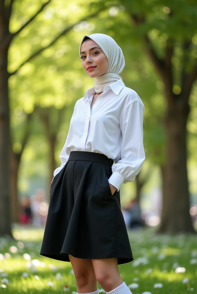 Turkish girl in hijab, White shirt, black loose mini skirt, long white socks,ten memes,big and wide hips,show under the skirt,
in the park,Side pose