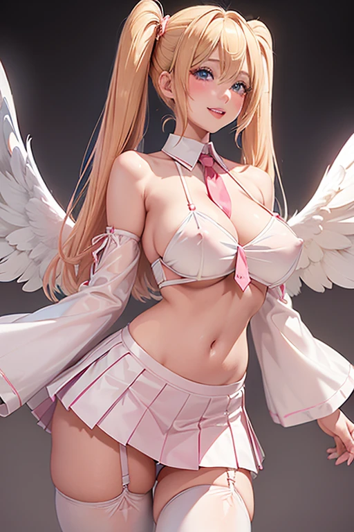 ((best quality)), ((masterpiece)), (detailed), 1girl, sexy
1girl, 独奏, long hair, breasts, looking at viewer, blush, smile, (Slightly parted lips, Sexy thick lips, Bare lips, Glossy Lips, fluffy lips), Perfect hands,, Blue eyes, skirt, blonde hair, large breasts, shirt, thighhighs,(Transparent nipples, Big cleavage, Plump and shiny breasts:1.2) ,(White angel wings on the left and right of the upper back:1.2) ,(Sheer pink nipples:1.2) ,(back pose:1.3) Gold (back view:1.3), ,(Stick your butt out,Pull up your skirt yourself,To show off your full-back pants:1.2) ,(White full-back shorts),(Low - Angle,looking at the camera:1.2),(long sleeves, navel, hair between eyes, bare shoulders, twintails, :d, cowboy shot, pleated skirt, detached sleeves, necktie, midriff, collared shirt, miniskirt, wide sleeves, stomach, white thighhighs, zettai ryouiki, crop top, underboob, garter straps, white skirt