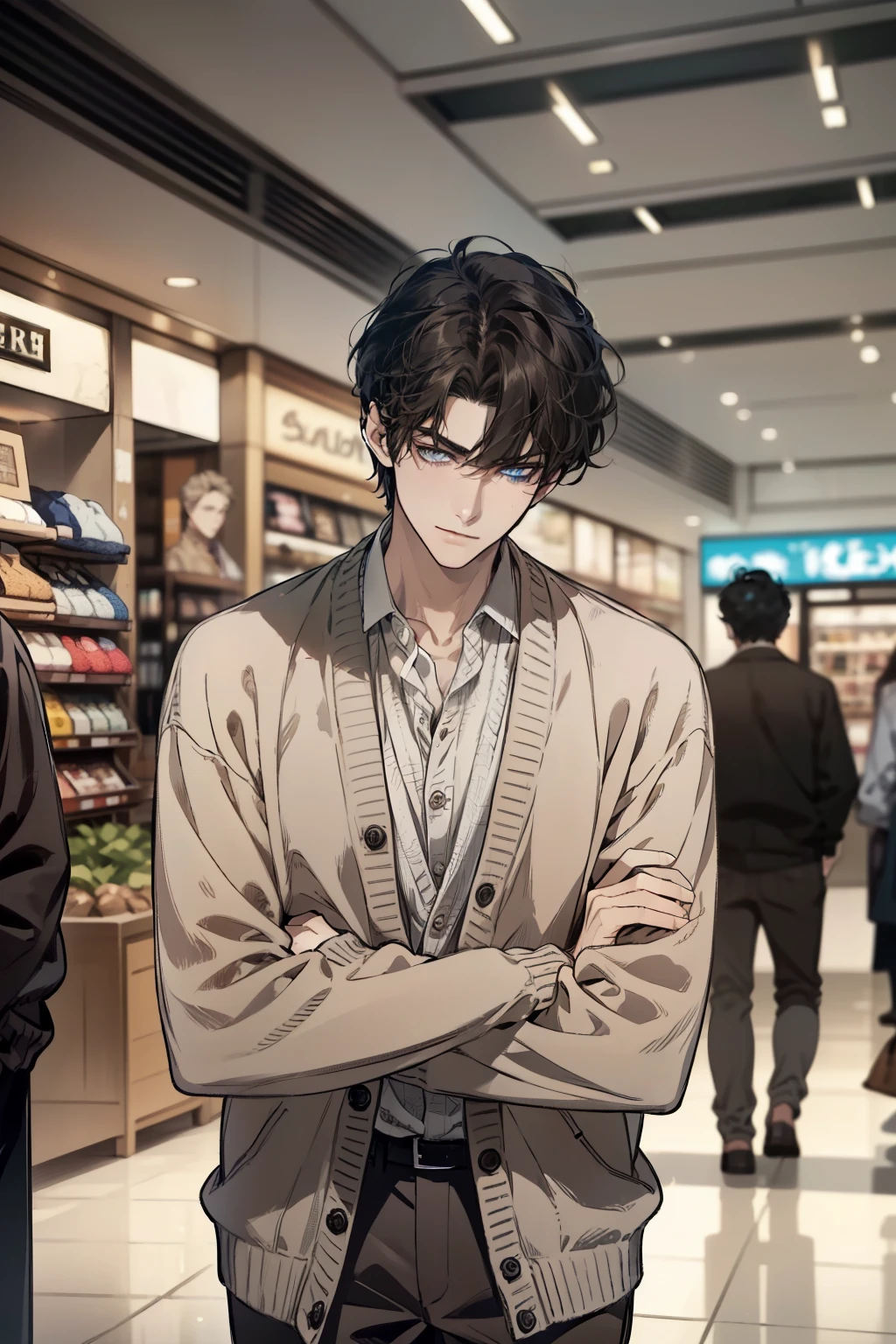 masterpiece, best quality, realistic, 1man, mature male, quiet and charming mature man, CEO, years old, close his eyes, ((soft smile)), closed mouth, extremely detailed face, a little distant, ((dark grey blue eyes)), ((short-side-swept sandy black hair)), [thick eyebrows], (caramel cardigan and brown trousers), (waiting in front of the store)