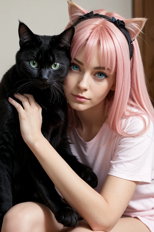 Girl with a cat, Black cat, pink hair, Blue eyes, avatar