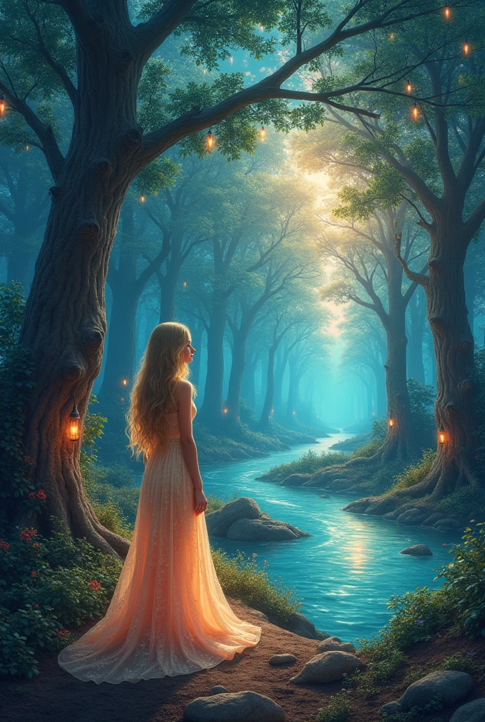 In a surreal, enchanted forest, a pretty girl stands amidst towering, ancient trees whose leaves shimmer with vibrant colors—emerald green, sapphire blue, and ruby red. The forest floor is carpeted with luminescent flowers that glow softly, casting a magical light around her.
The girl has long, flowing hair that cascades down her back in waves of gold and silver. She wears a dress made of delicate, translucent fabric that seems to change colors with every movement, blending seamlessly with the vibrant hues of the forest. Her eyes are wide with wonder, reflecting the myriad of colors around her.
Above her, the sky is a mesmerizing swirl of deep blues and purples, dotted with twinkling stars that seem to dance in the night. The air is filled with the gentle hum of unseen creatures, adding to the enchanting atmosphere.
In the distance, a crystal-clear river winds its way through the forest, its surface sparkling like diamonds under the starlight. The trees along the riverbank are adorned with glowing lanterns, casting a warm, inviting glow.
The overall scene is one of enchanting beauty and tranquility. The vibrant colors and surreal elements draw the viewer in, while the girl’s presence adds a touch of human connection and wonder to the magical setting.