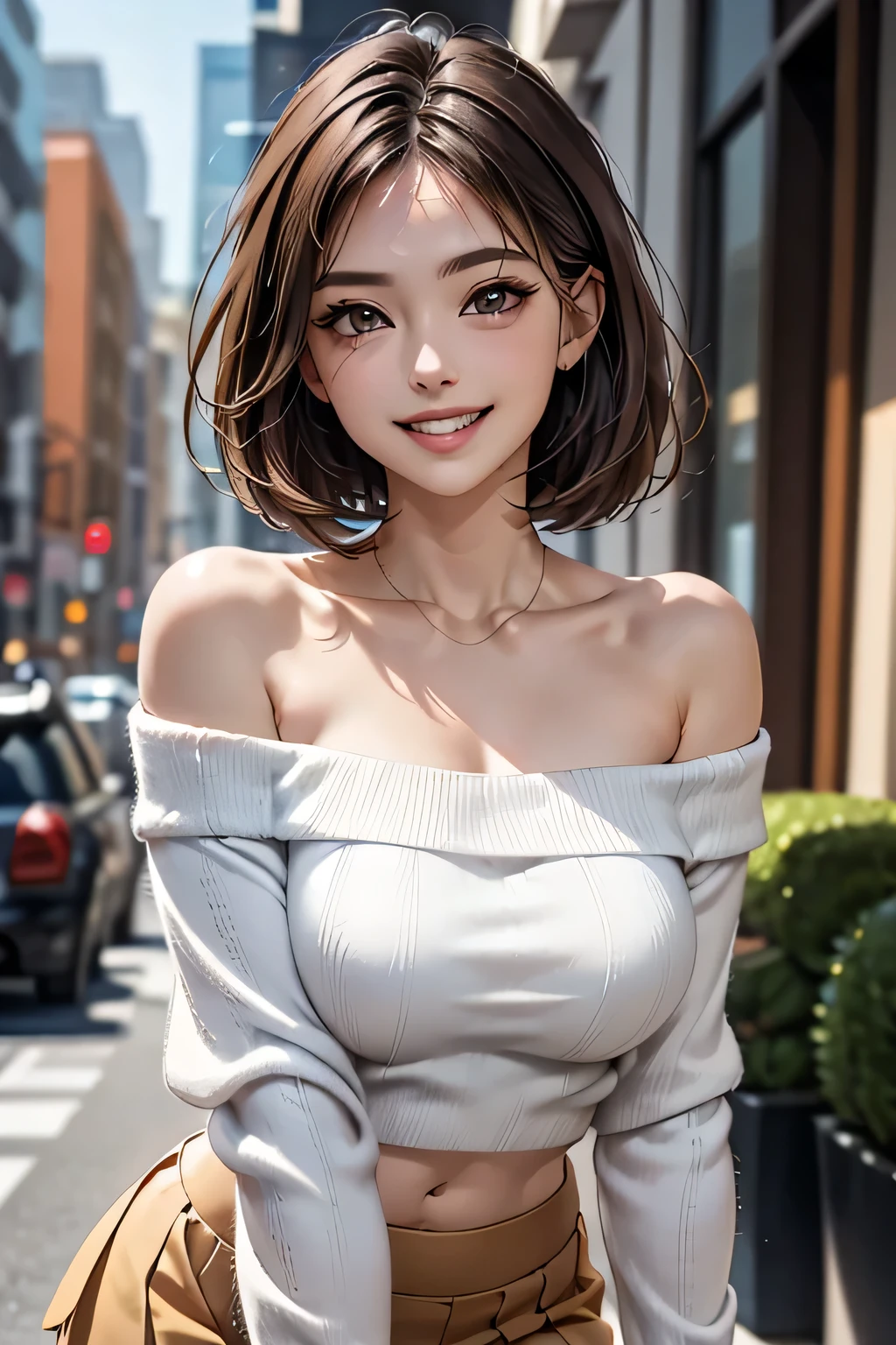 1 Beauty, ((White knit loose off-shoulder top, Tight mini skirt)), Beautiful Face, Beautiful Eyes, double eyelid, Long eyelashes, Thick mascara, Dark eyeliner, grin, Brown Skin, Brunette Bob, Cheeky look, Redness on the cheeks, Raise the corners of the eyes, Triumphant thin eyebrows, ((Very detailed)), Perfectly detailed face, Great hands, Photorealistic images, (street), Sexy pose, Accurate Arm, Accurate Fingers, (masterpiece, Highest quality, Very detailedな顔, Perfect lighting, Ultra-high resolution, Very detailed)