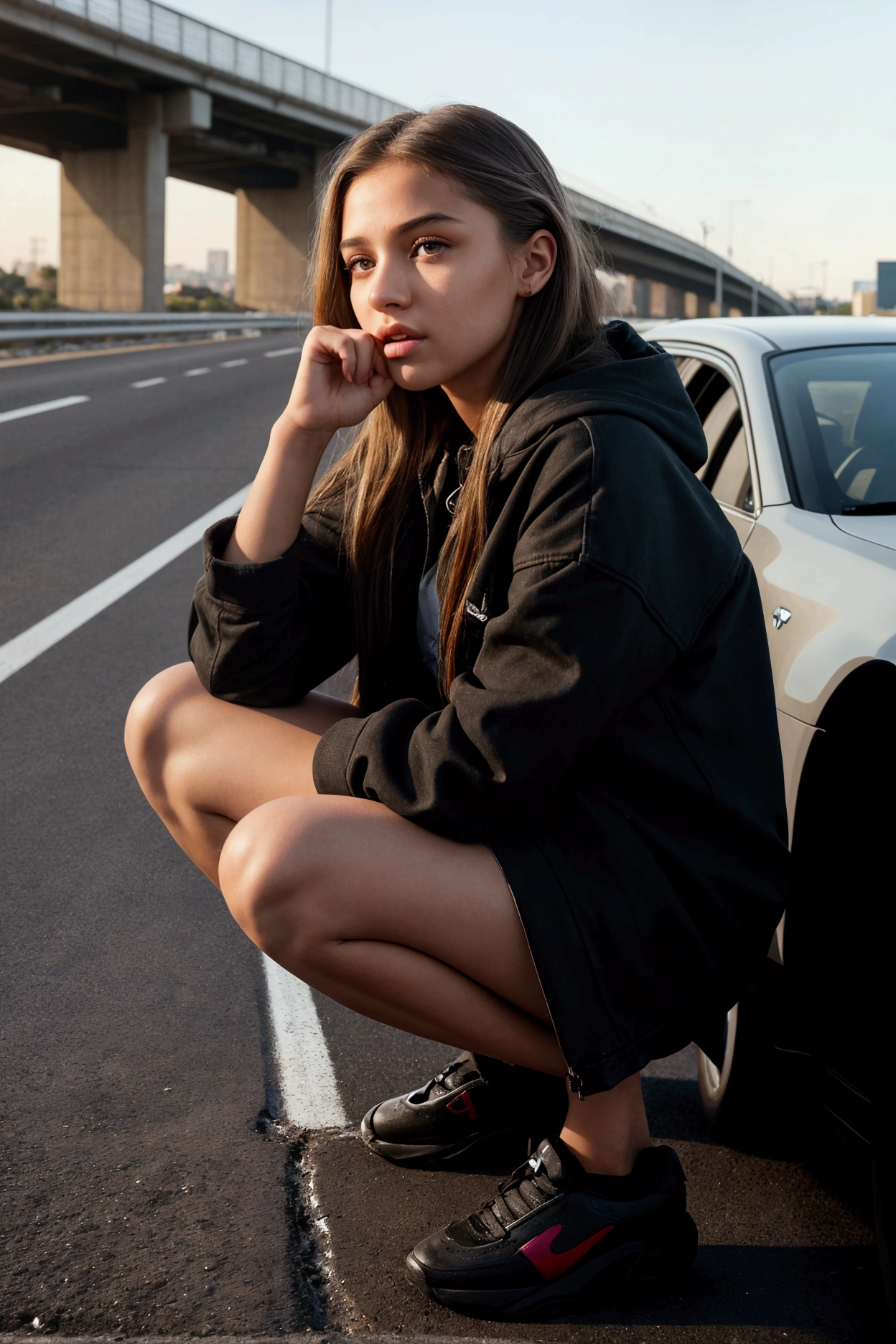 a teen girl squatting next to a car, peeing on the side of a busy freeway, pee stain, realistic, high quality, detailed, photorealistic, depth of field, cinematic lighting, dynamic pose, perfect anatomy, flawless skin, beautiful detailed eyes, beautiful detailed lips, extremely detailed face, long eyelashes, masterpiece, 8k, best quality