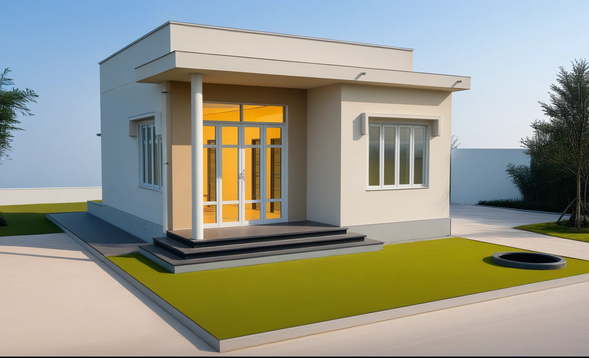 modern townhouse, (sunset), (warm interior lighting:1.2)