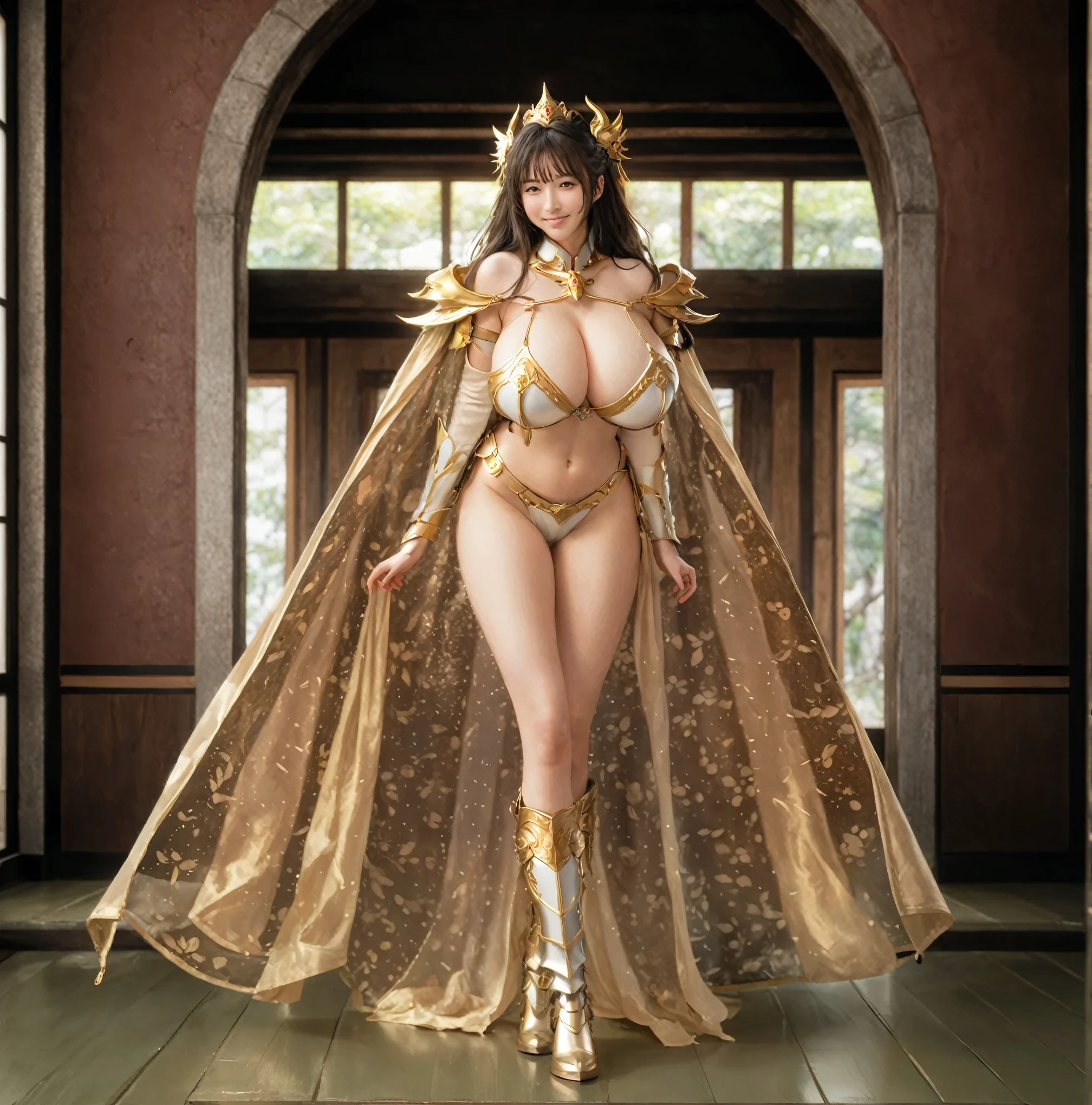 Chiharu Shida, Female warriors, Long-haired girl,Shy and embarrassed expression, Light smile,Full body armor, Full body armor, Beautiful fantasy queen, Strong busty princess, extremely detailed goddess shot, Golden cape, metal boots, ((Beautiful fantasy queen)), goddess. Extremely high detail, japanese goddess, anime goddess, Gorgeous role-playing, Heavy armor