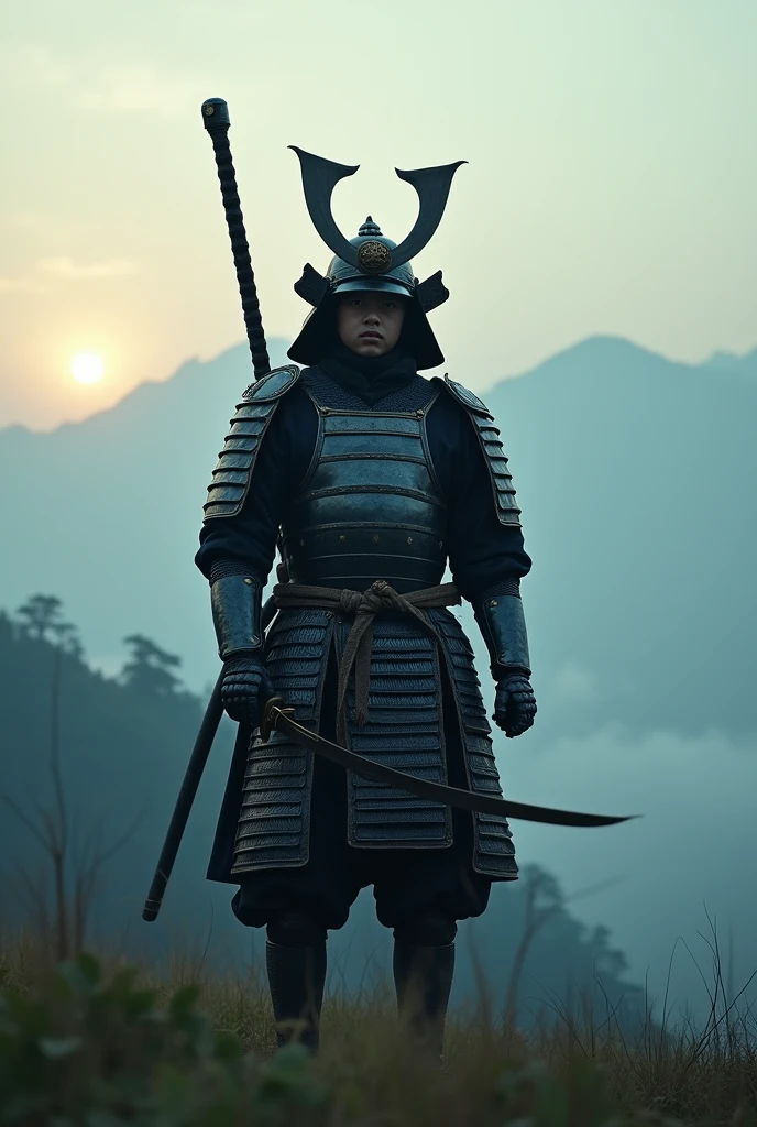 I want to create a scene from a movie. Realistic expression. Camera shot from behind the main character. An old armored warrior clad in Japanese armor. He is carrying a vertical banner with his family crest used in the Warring States period in Japan, crossed on his back. The helmet worn by the warrior has a large crescent-shaped horn on the front. The full-body composition is taken from head to toe. The background is dim because the sun has not yet risen over the misty mountains. Both hands are down 45 degrees from the horizontal, clutching a drawn sword, ready for battle at any moment, Left and right toes stomping on grass, Full BODY, Taken from the rear, Young Guy,